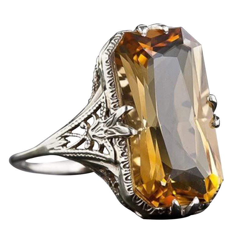 Ring Baguette Emerald Cut Lemon Yellow Citrine Retro Hollow Diamond Jewelry Birthday Proposal Gift