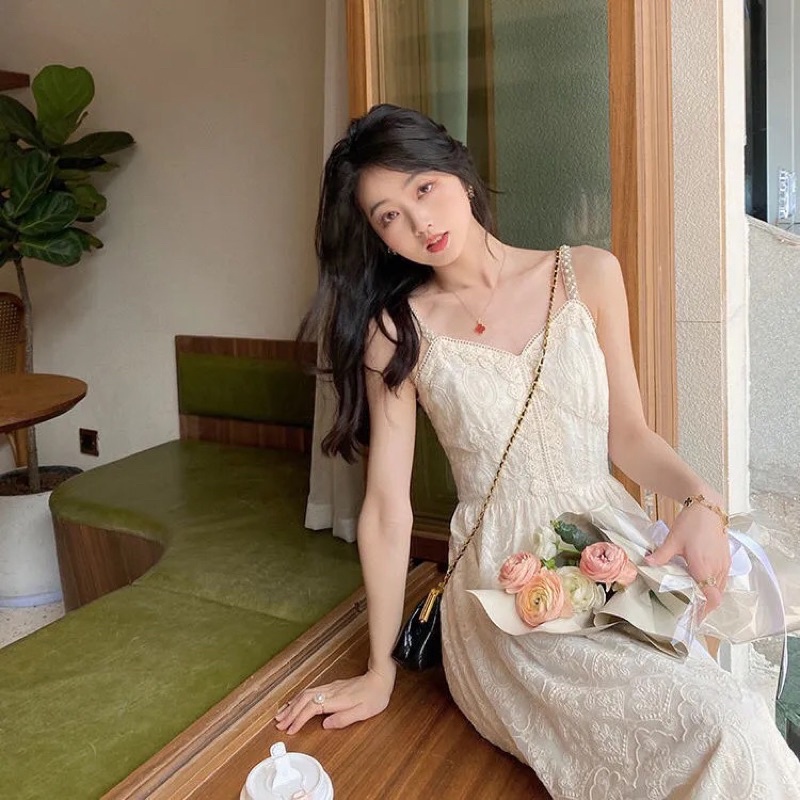 Váy maxi ren hoa hai dây đính hạt cườm ( Ảnh thật 2,3,4)