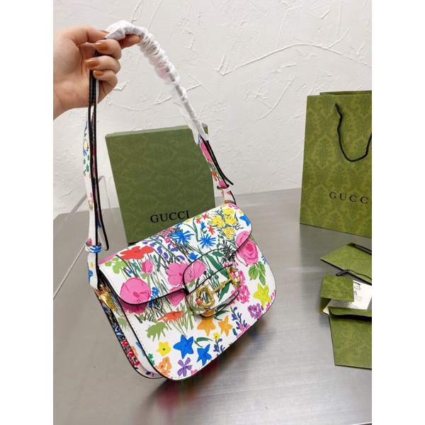 Túi Guccii Horsebit hoa lá đỏ trắng siêu đẹp