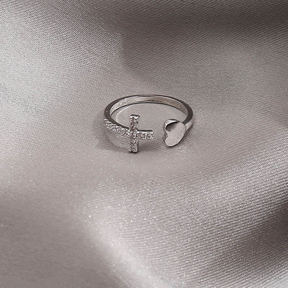 Nhẫn Dạng Mở Hình Trái Tim/Chữ Thập Đính Đá Màu Bạc Tùy Chỉnh Thời Trang Cho Nữ