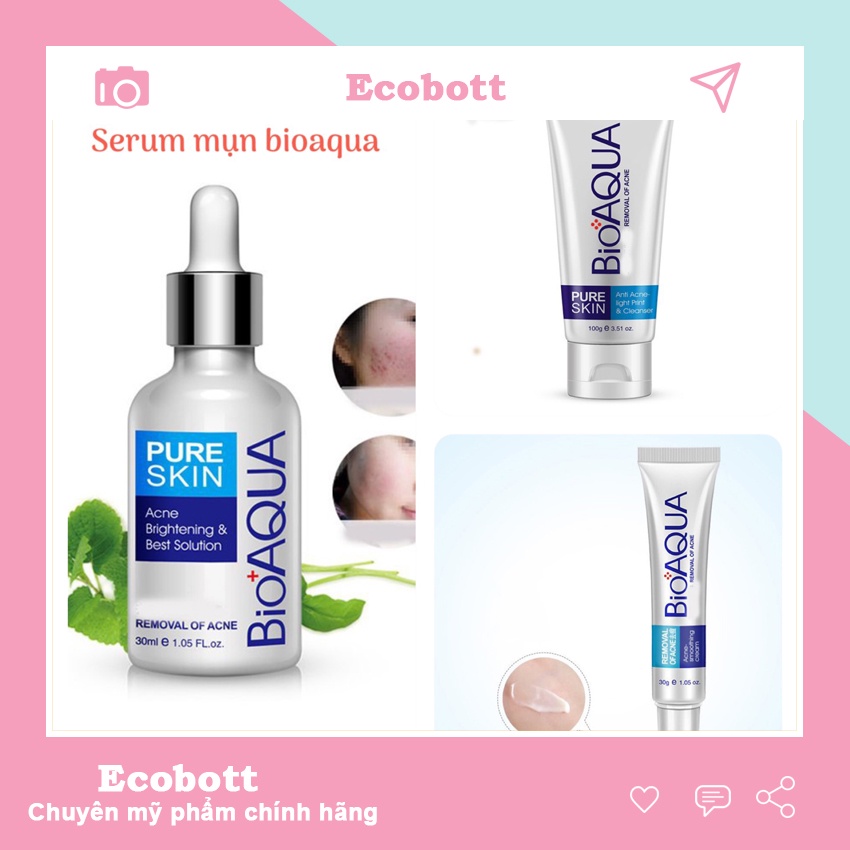 Combo mụn Bioaqua gồm sữa rửa mặt mụn, serum mụn, kem mụn dành cho da dầu mụn ECOBOTT
