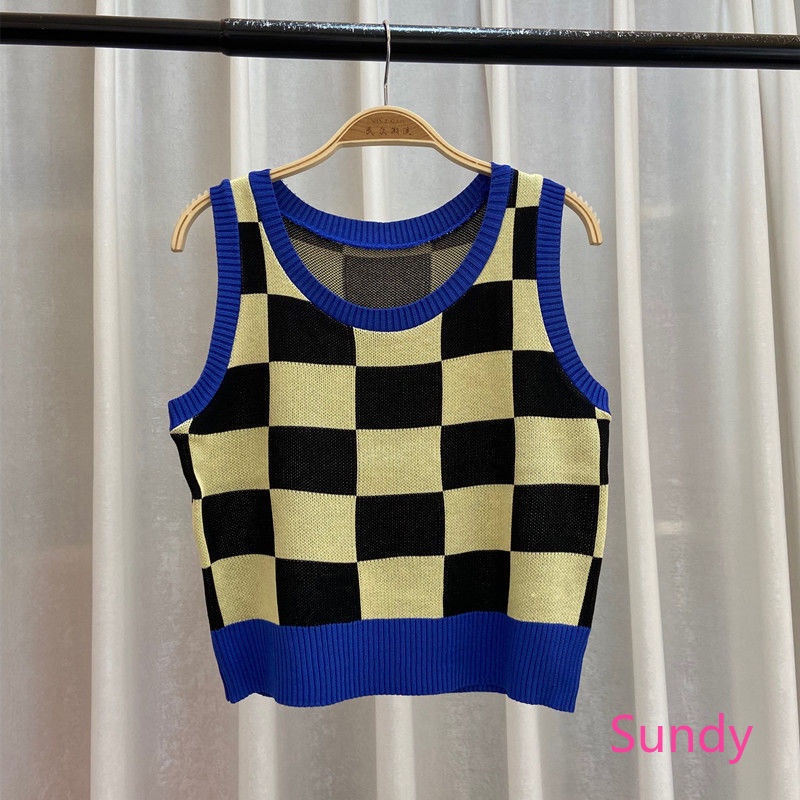 Áo Hai Dây Dệt Kim Họa Tiết Sọc Caro Thời Trang Mùa Hè Cho Nữ