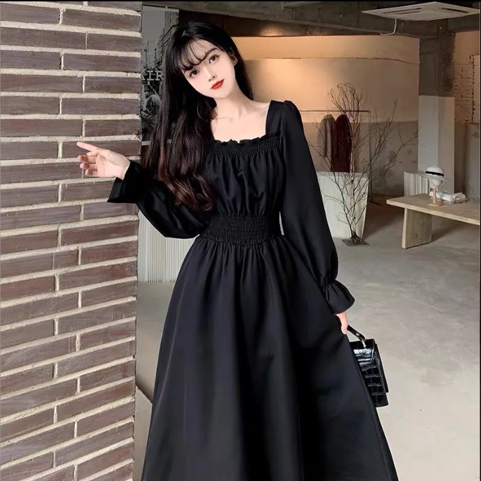 Đầm maxi xếp nếp dáng ôm eo cao cổ vuông co giãn màu đen thời trang cổ điển cho nữ