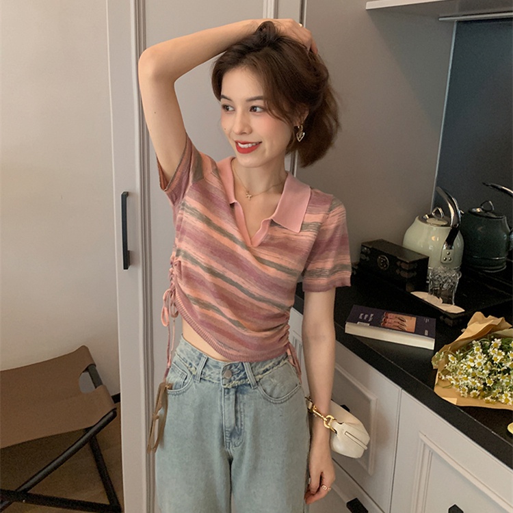 【ZHELIHANGFEI】Áo Thun POLO Tay Ngắn Cổ POLO Họa Tiết Kẻ Sọc Phối Dây Rút Thời Trang Trẻ Trung