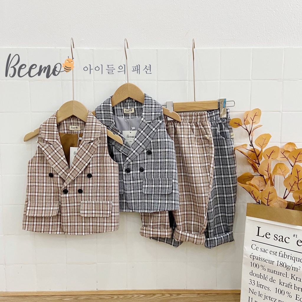 Bộ gile vest kẻ Beemo 2 màu ghi - nâu