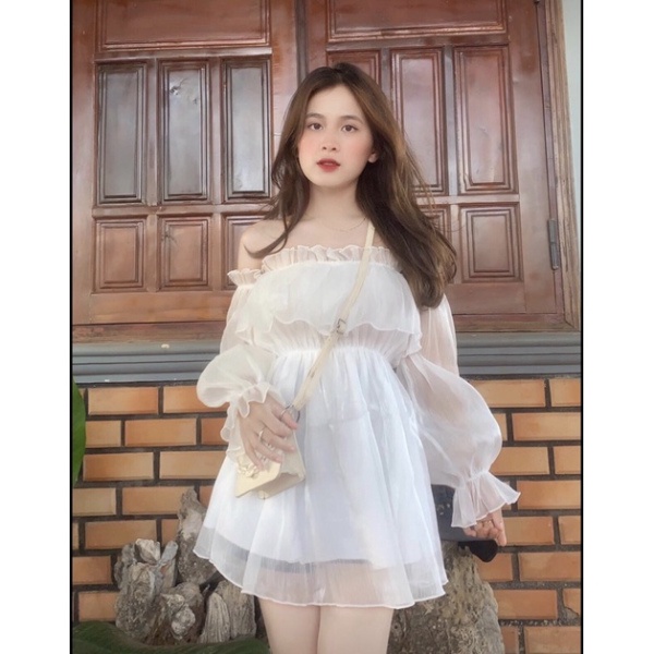 Đầm tơ bẹt vai tơ nhũ tay phồng - C0U