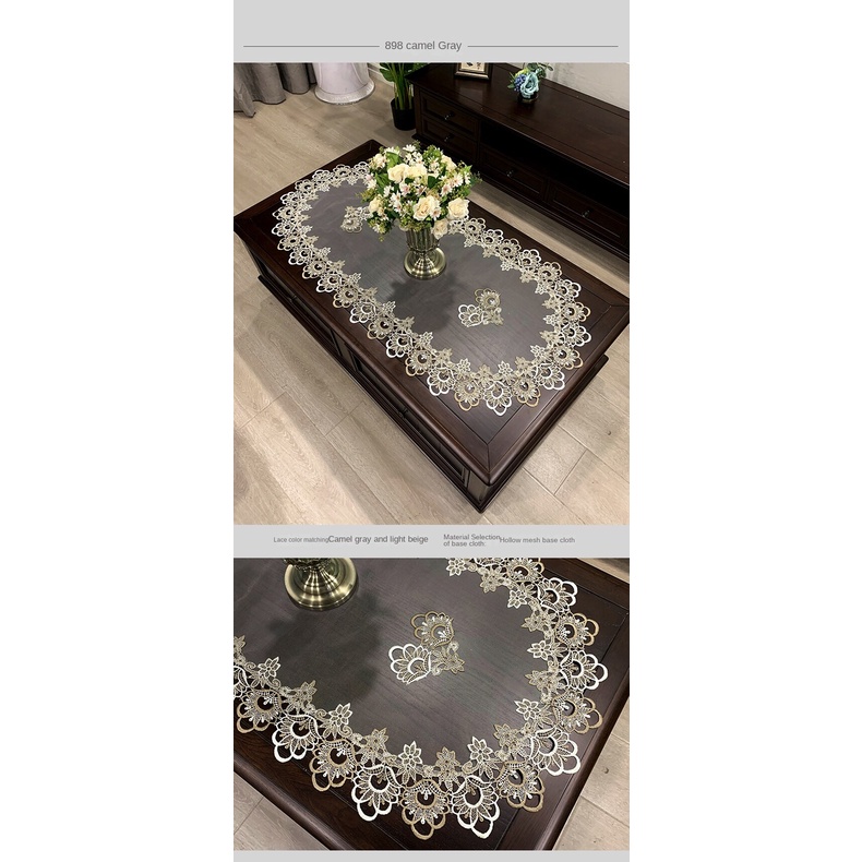 Khăn Trải Bàn Cà Phê Hình Oval Phối Ren Phong Cách Châu Âu