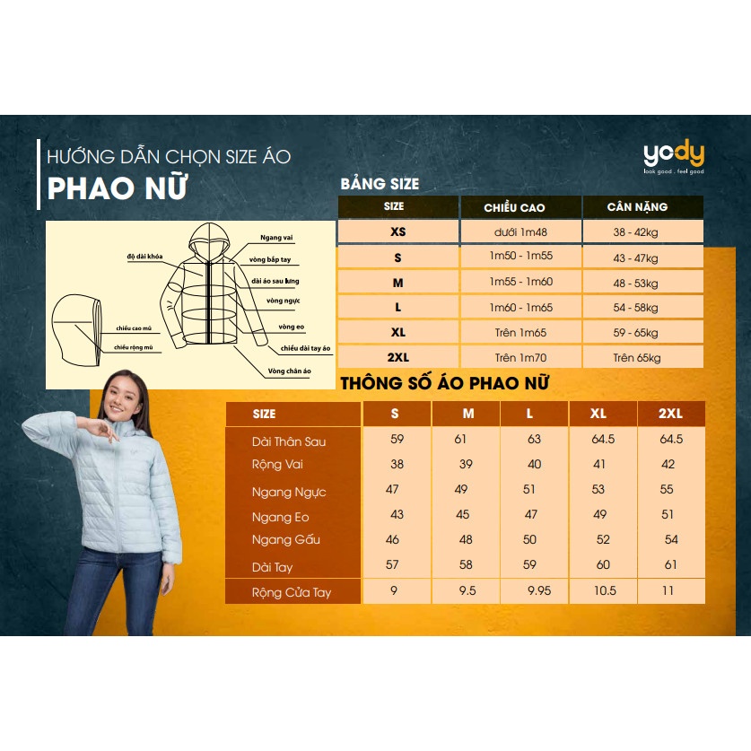 Áo phao YODY nữ siêu nhẹ chống thấm nước giữ ấm áo khoác phao có mũ tháo rời PHN4000