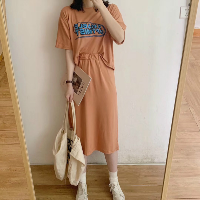 SUXI Bộ Áo Thun Ngắn Tay In Chữ + Chân Váy Trơn Màu Xinh Xắn Dành Cho Nữ