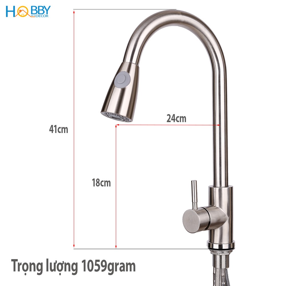 Vòi nước rửa chén nóng lạnh Inox 304 HOBBY Home Decor VDR1 dây rút cao cấp - không rỉ sét và 2 chế độ phun