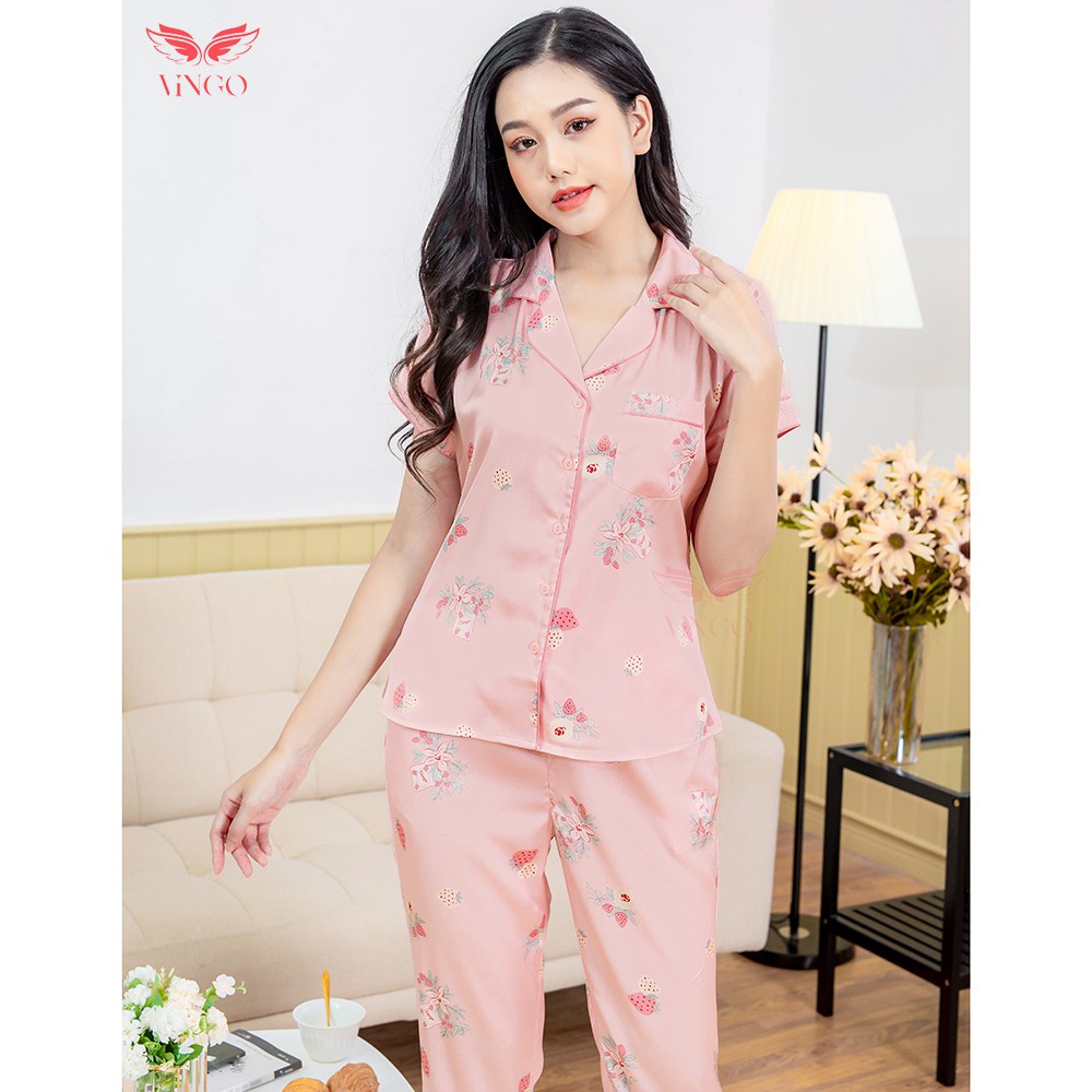 Đồ Bộ Ngủ Nữ Pijama Mặc Nhà VINGO Tay Ngắn Quần Dài Lụa Pháp Cao Cấp Họa Tiết Dâu Hồng Ngọt Ngào Thu Đông H206 - VNGO