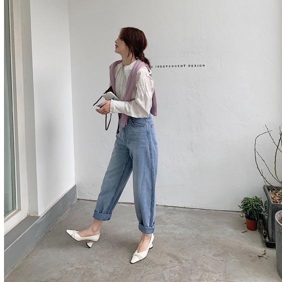Giày cao gót mũi vuông gót dày đế trụ phối ngọc phong cách vintage cổ điển Pháp