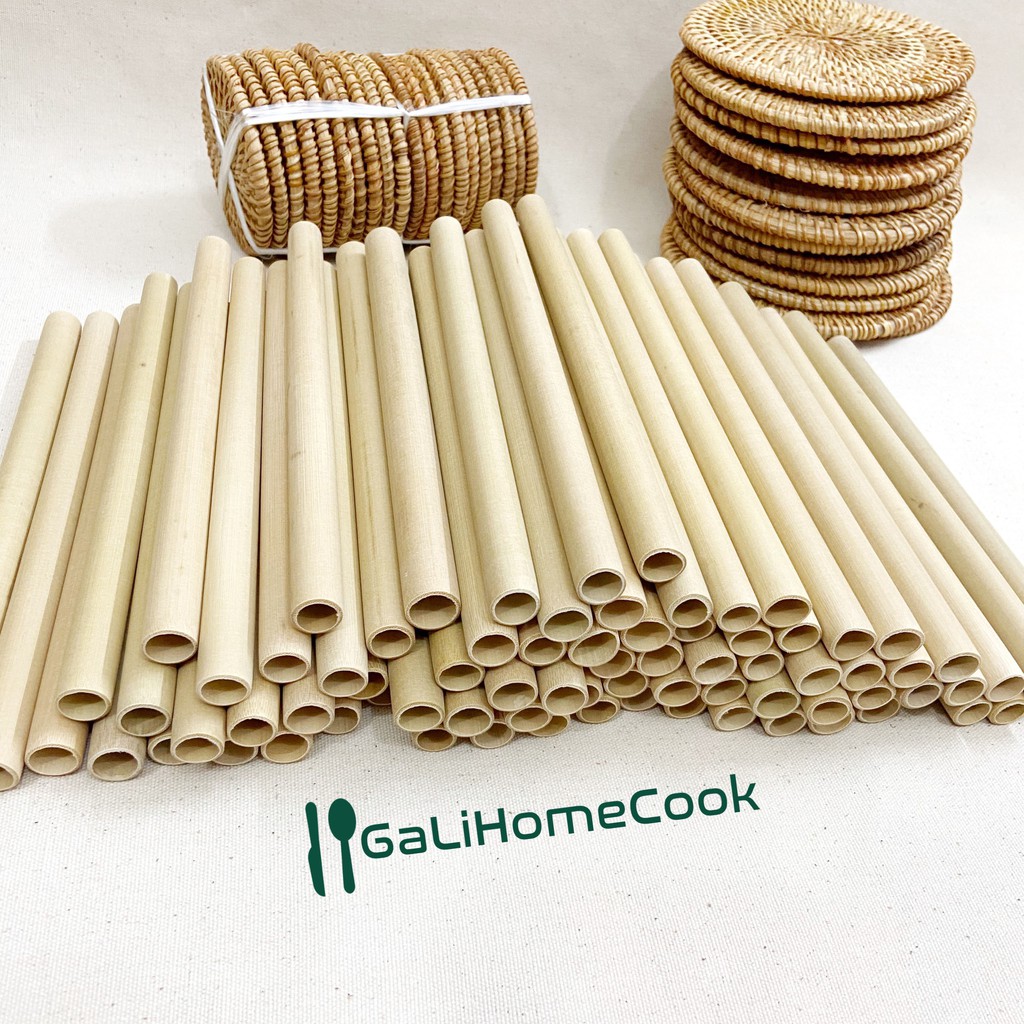 Ống hút tre (Bamboo Straws) hút trà sữa, hút sinh tố - Cọ rửa xơ dừa - Galihomecook