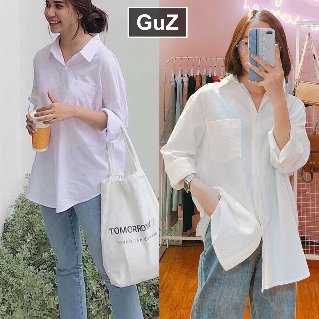 Áo sơ mi trắng dáng thụng nam nữ mặc đẹp