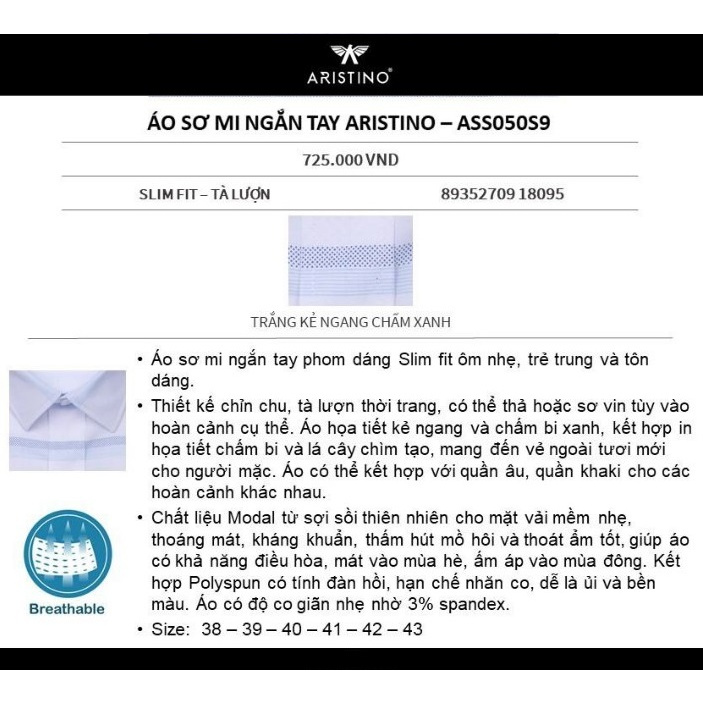 Áo Sơ Mi Nam Tay Ngắn Aristino ASS050S9 Màu Trắng Kẻ Ngang Chấm Xanh Dáng Slim Fit Tà Lượn Vải Sợi Sồi