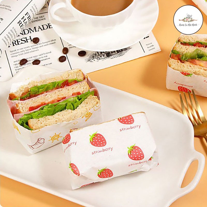10 Tờ Giấy Gói Bánh Mì Sandwich Hoạ Tiết Trái Dâu Phong Cách Hàn Quốc