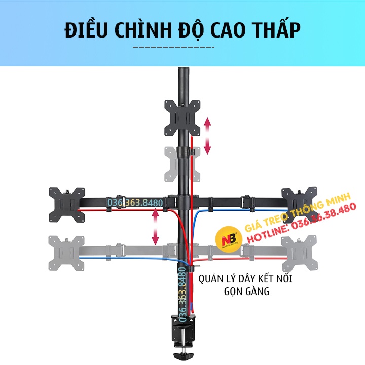 Giá Treo 3 Màn Hình Xếp Trên Dưới M053 Cao Cấp 17-27 Inch / Tải Trọng 8Kg - Trụ 80Cm - Lắp Đặt Kẹp Bàn