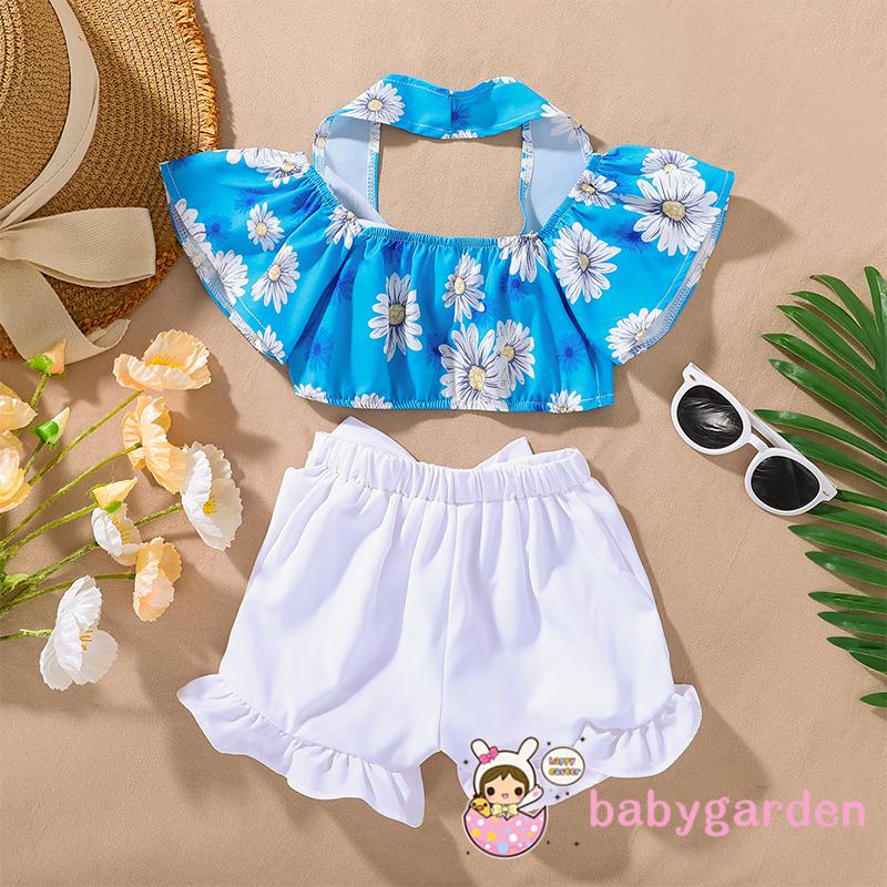 Set Đồ 2 Món Gồm Áo Tay Ngắn Trễ Vai In Hình Hoa Cúc + Quần Ngắn Màu Trơn Cho Bé Gái 1-5 Tuổi