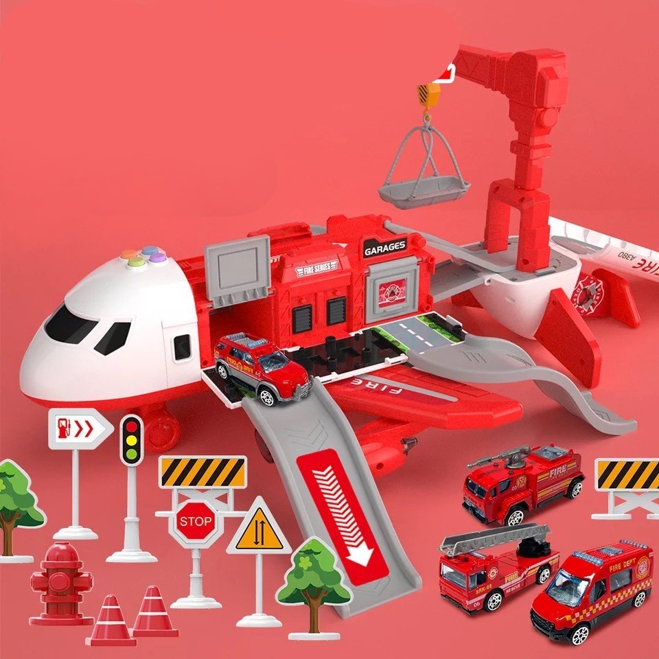 Đồ chơi máy bay chạy pin kèm 4 xe cứu hỏa kim loại hot wheels có giàn cẩu, đèn biển báo