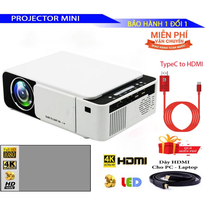 Máy Chiếu T5 Có Độ Phân Giải 1080P. Kèm Dây Kết Nối Iphone, Ipad và Dây TypeC