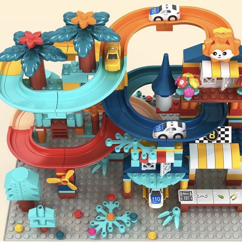 Lego cầu trượt kèm ô tô 🌈 Lego lắp ráp xếp hình đường ray ô tô cầu trượt cao cấp 512 chi tiết