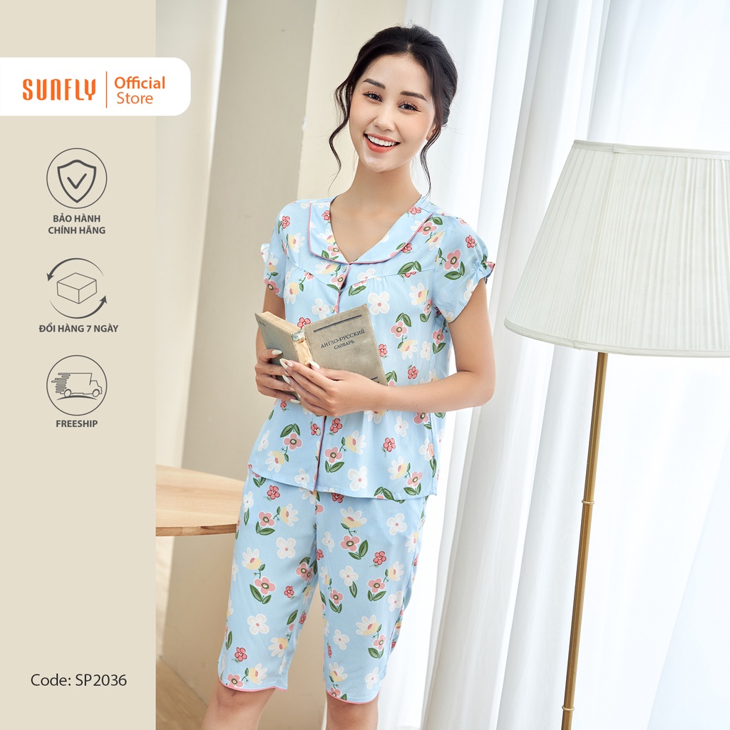 Bộ đồ mặc nhà nữ pijamas lanh SUNFLY áo cộc, quần ngố SP2036