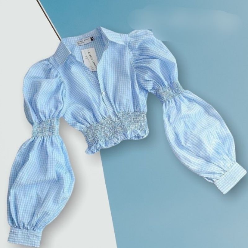 Áo sơ mi caro nhún eo Quảng Châu cổ V tay dài