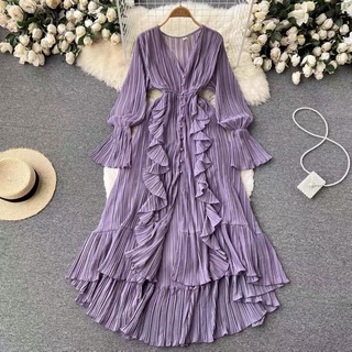 Đầm maxi xếp ly tay loe tiểu thư phong cách boho phù hợp du lịch