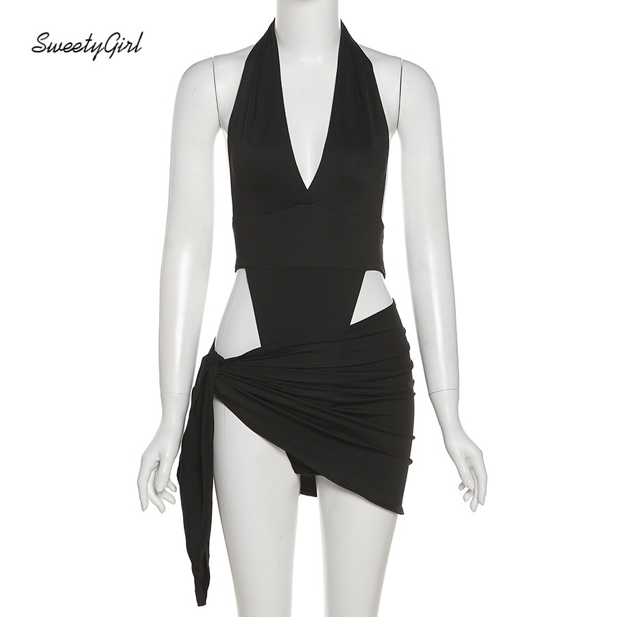 Set áo liền quần không tay cổ chữ v hở lưng màu trơn + váy mini thời trang dành cho nữ