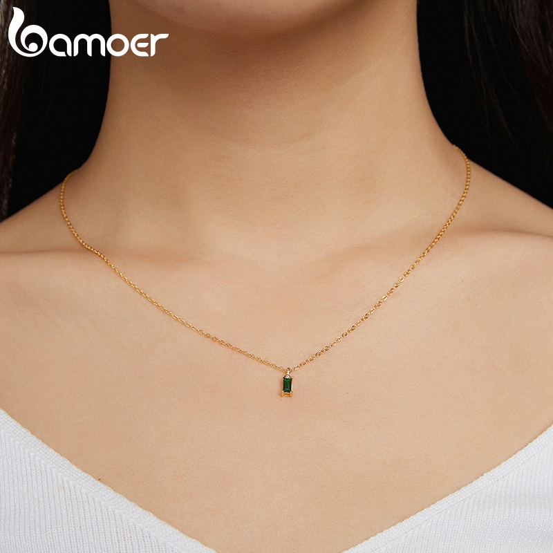 Vòng cổ Bamoer bạc 925 mặt hình chữ nhật đính đá zircon phong cách đơn giản cho nữ