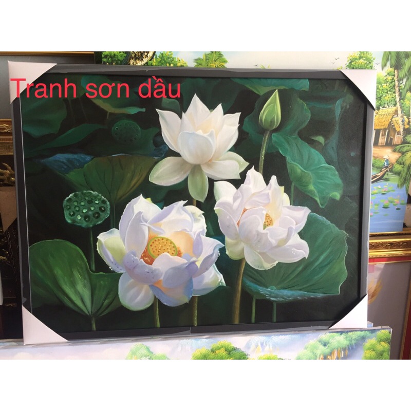 Tranh treo tường  tranh CANVAS , Tranh sơn dầu( tranh vẽ tay)mẫu hoa sen kích thước 60* 80cm( kèm khung cao cấp).