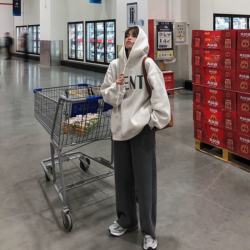 Áo hoodie thể thao SUXI tay dài dáng rộng in chữ thời trang cho nữ