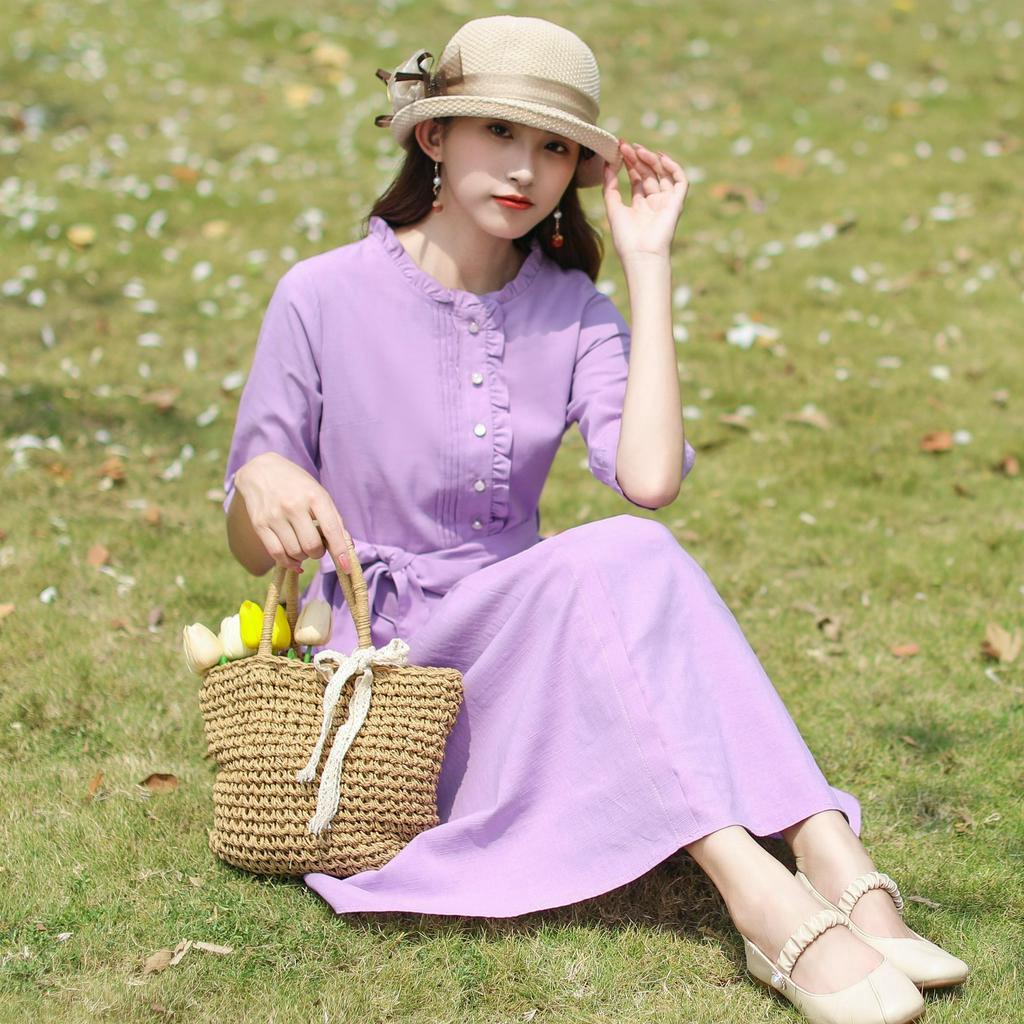 Đầm nữ dáng suông dài tay lỡ, cổ bèo cài cúc, có dây thắt eo, chất liệu Linen mềm phong cách retro cho nữ