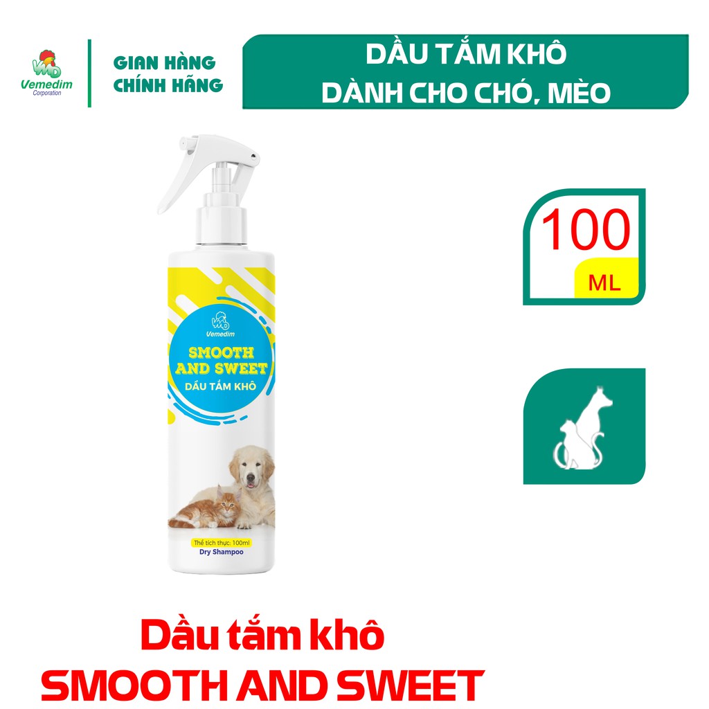 Vemedim Dầu tắm khô Smooth and Sweet dùng cho chó, mèo khi đi du lịch, đang bệnh, thời tiết lạnh, chai 100ml