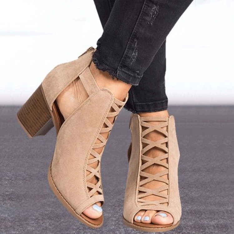 Giày Sandal Cao Gót Hở Mũi Đế Dày Cột Dây Phối Khóa Kéo Sau Lưng Thời Trang