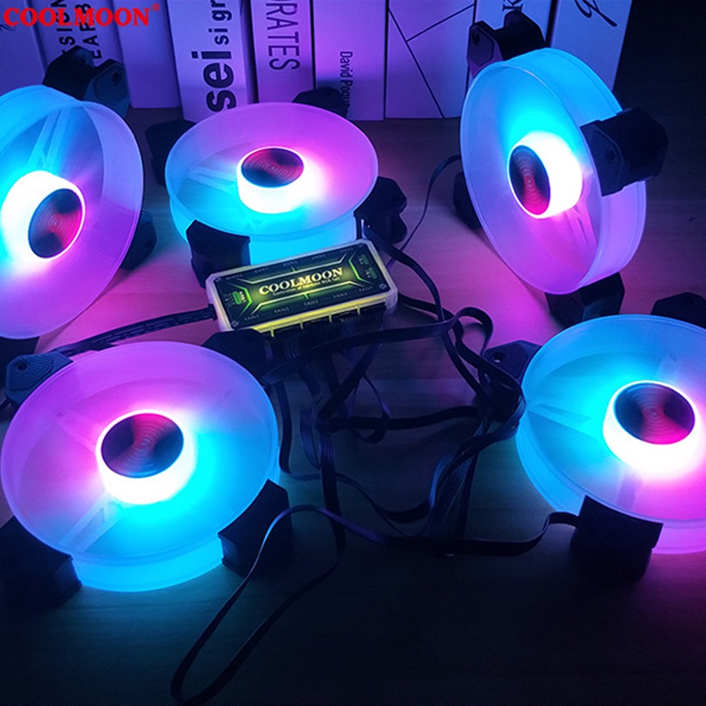 Quạt Tản Nhiệt, Fan Led ARGB Coolmoon Y1 &amp; Bộ Hub Coolmoon + điều khiển - Tặng kèm ốc vít