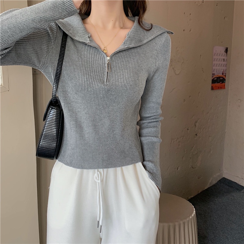 Áo sweater tay dài có dây kéo nửa thời trang mùa thu