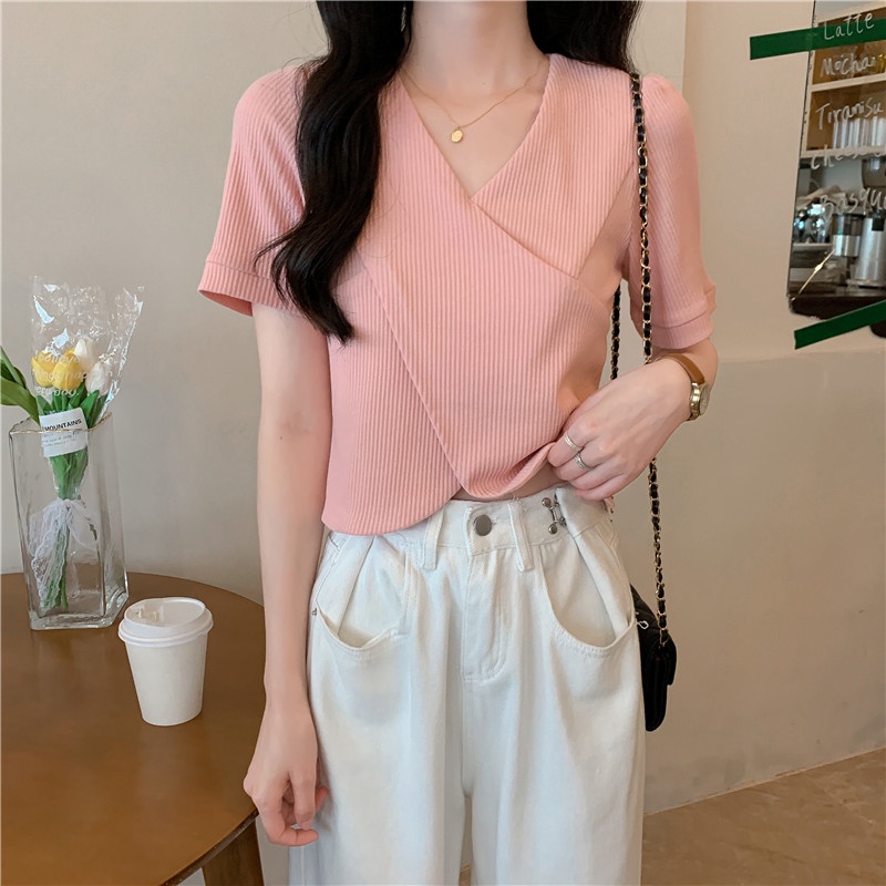 SUXI Áo Tay Ngắn Cổ Chữ V Màu Sắc Đơn Giản Thời Trang Mùa Hè Dành Cho Nữ