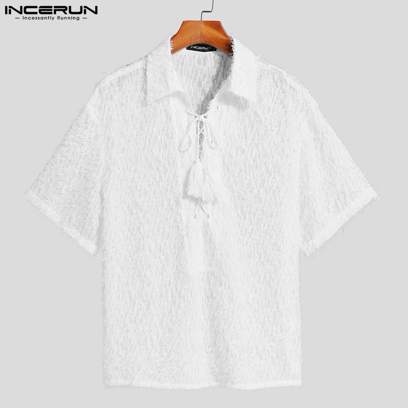 Áo sơ mi INCERUN kiểu baggy trắng tay ngắn chất nhung thời trang dành cho nam giới