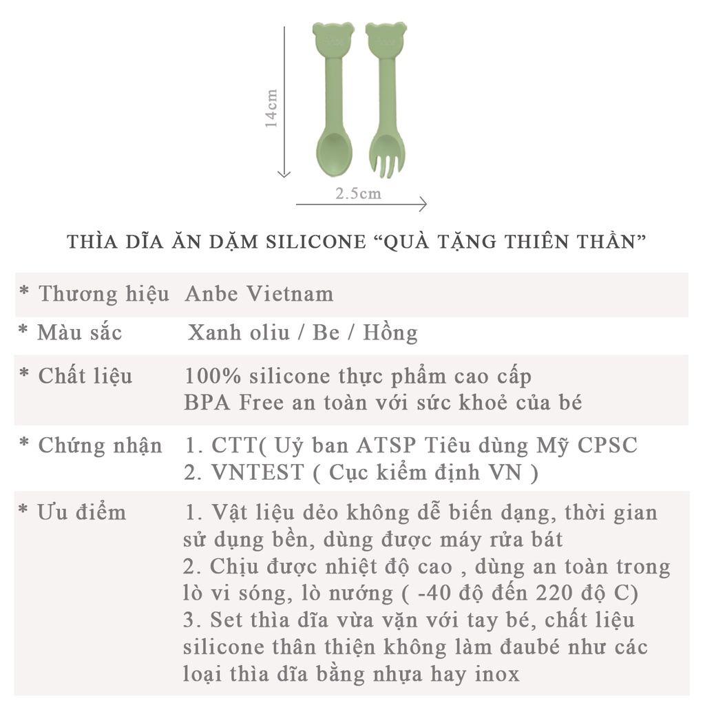 Thìa Dĩa Silicon Cho Bé Tập Ăn Dặm Kiểu Nhật BLW Có Kiểm Định An Toàn ANBE VIETNAM Chính Hãng AB4