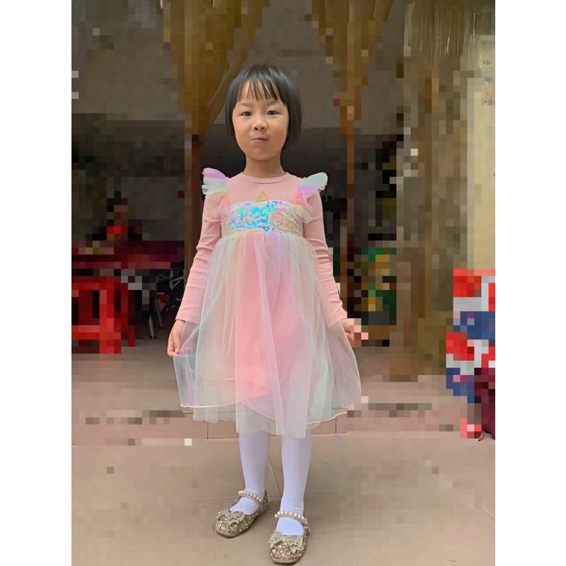 Váy len dài tay cầu vồng nhiều màu cho bé gái (Cao 90-140cm, nặng 10-30kg) N01019