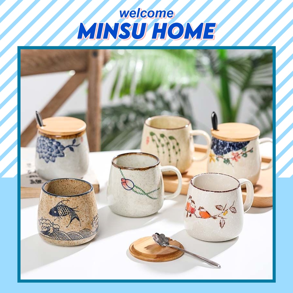 Cốc sứ uống nước có nắp MINSU HOME cao cấp, quà tặng lưu niệm sang trọng phong cách Nhật Bản