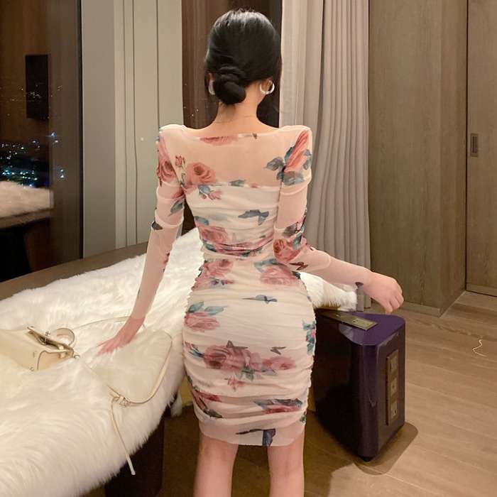 Đầm body in hoa sexy tay lưới pc ulzzang