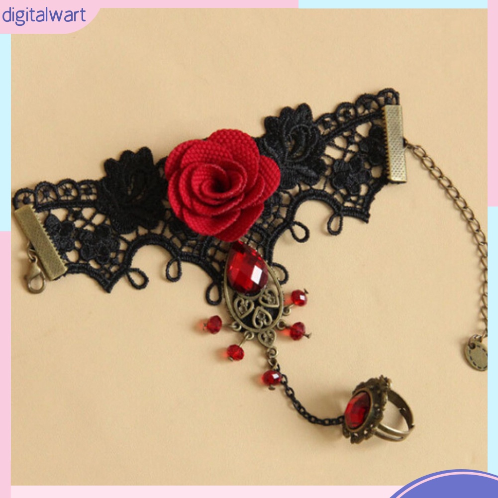 Vòng đeo tay ren đính hoa hồng nối nhẫn phong cách cổ điển thanh lịch cho nữ