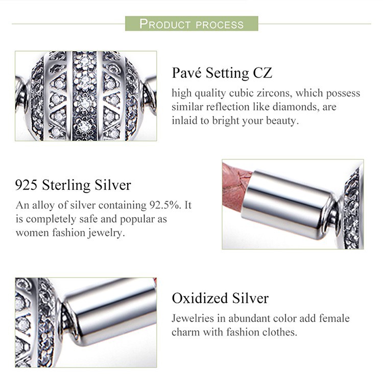 Vòng đeo tay Bamoer thắt dây da phối hạt phụ kiện tròn bằng bạc đính đá zircon dễ thương thời trang dành cho nữ