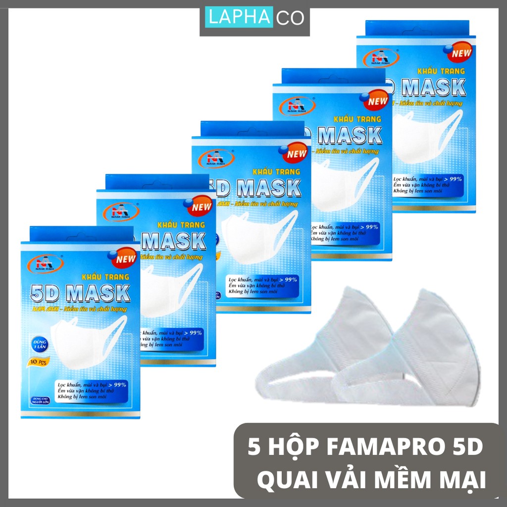 Combo 5 hộp khẩu trang y tế 5d quai vải kháng khuẩn 3 lớp  Nam Anh Famapro 5D Mask (10 cái /hộp )