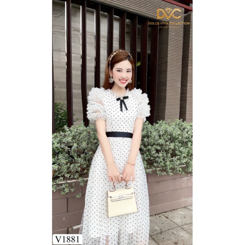 [VÁY ĐI TIỆC CAO CẤP] Váy xòe chấm bi trắng tay bồng | BigBuy360 - bigbuy360.vn