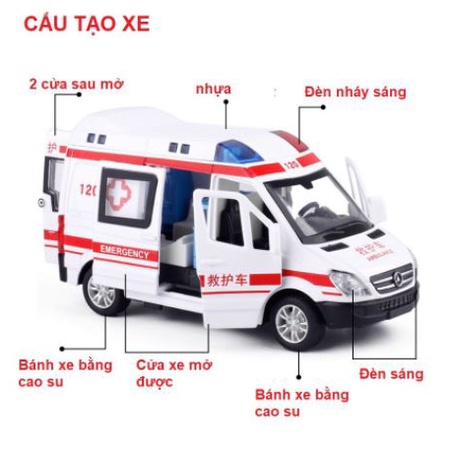 Mô hình xe tĩnh ô tô cứu thương Mercedes-Benz 1:32 kim loại đồ chơi trẻ em cấp cứu có đèn nhạc chạy cót ô to trưng bày