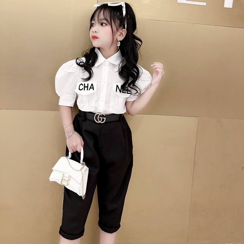 Set Sơ mi thêu cổ sen tay bồng Quần Baggy lỡ cho bé gái size đại 16-41kg basic nữ tính