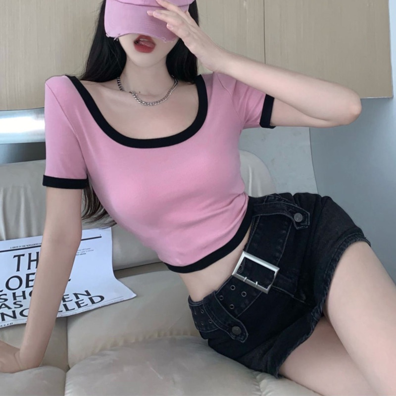 Áo Thun Cổ Chữ u Màu Hồng Thời Trang Mùa Hè Dễ Phối Đồ